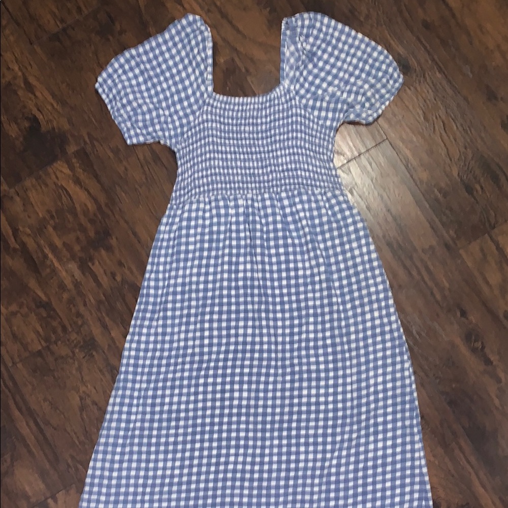 Dip Blue and White Smocked Sundress with Puff Sleeves